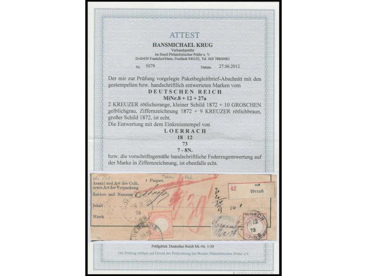 2 Kr. ziegelrot, Innendienstmarke 10 Gr. gelblichgrau und Großer Schild 9 Kr. rötlichbraun auf Paketbegleitbrief-Abschnitt vo