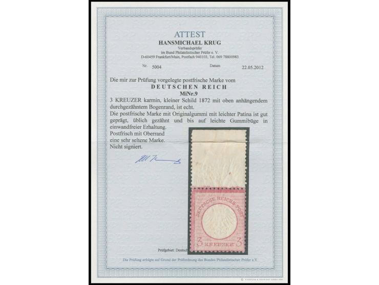3 Kr. karmin, postfrisch vom oberen Bogenrand, gut geprägt und üblich gezähnt, bis auf leichte Patina und leichte Gummibüge e