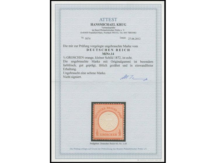 ½ Gr. orange, besonders farbfrisch, gut geprägt und üblich gezähnt, ungebraucht, Kabinett, Fotoattest Krug BPP (Mi. 1.500,-)