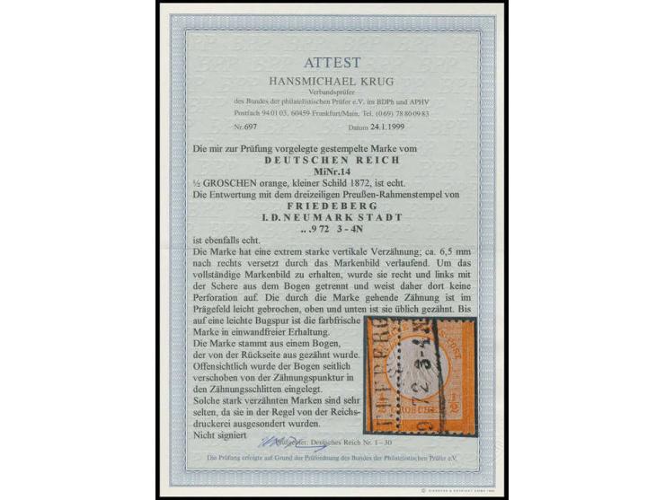 ½ Gr. orange mit starker vertikaler Verzähnung ca. 6,5 mm nach rechts versetzt, um das Markenbild zu erhalten wurde sie recht