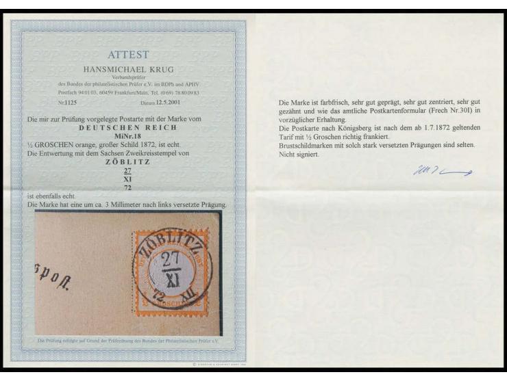 ½ Gr. orange mit starker, ca. 3 mm nach links versetzter Prägung, mit Sachsen-DKr. "ZÖBLITZ 27/XI 72" auf amtlichem Postkarte