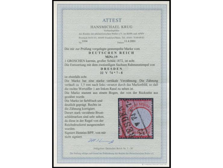 1 Gr. karmin mit stark versetzter vertikaler Zähnung (ca. 3,5 mm nach links versetzt), mit Sachsen-Ra2 "DRESDEN / 22 V 74", r