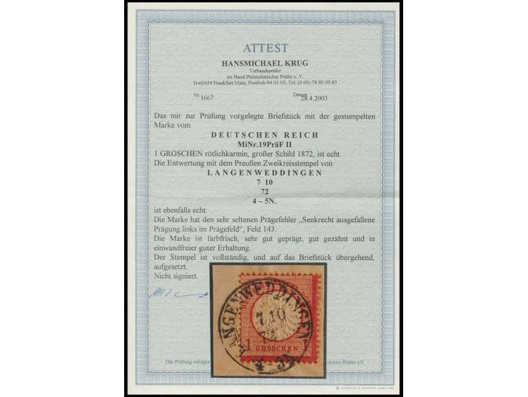 1 Gr. karmin mit seltenem Prägefehler "senkrecht ausgefallene Prägung links", Feld 143, mit Preußen-DKr. "LANGENWEDDINGEN 7 1