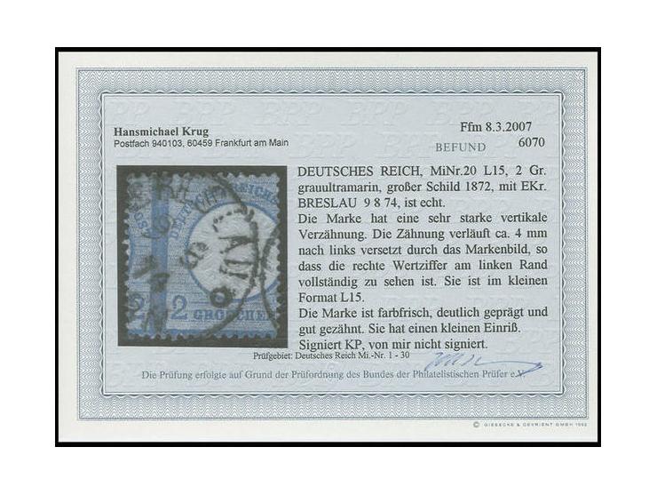 2 Gr. grauultramarin mit starker ca. 4 mm nach links versetzter Zähnung, so dass die rechte Wertziffer im linken Rand vollstä