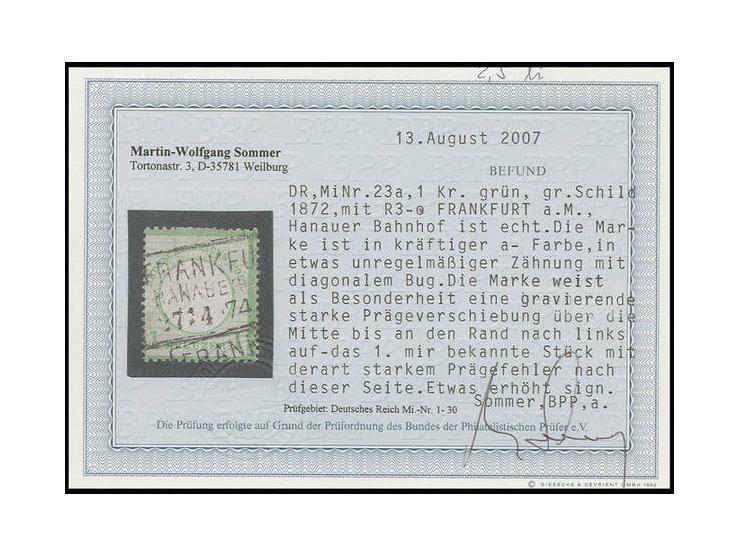 1 Kr. gelblichgrün mit stark nach links verschobener Prägung, mit Ra3 "FRANKFURT A.M. / HANAUER BAHNH. / 27/4 74", etwas unre