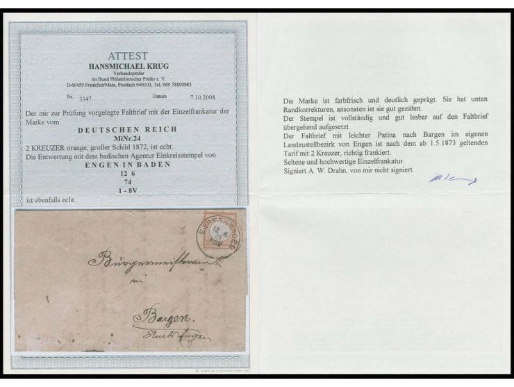 2 Kr. orange, farbfrisch und deutlich geprägt, am Unterrand Randkorrekturen, sonst gut gezähnt, mit sauber aufgesetztem EKr. 