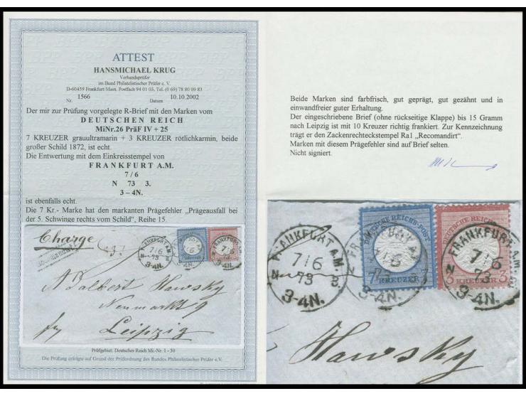 7 Kr. grauultramarin und 3 Kr. rötlichkarmin mit DKr. "FRANKFURT A.M. 7/6 73" auf eingeschriebenem Brief (ohne rückseitige Kl