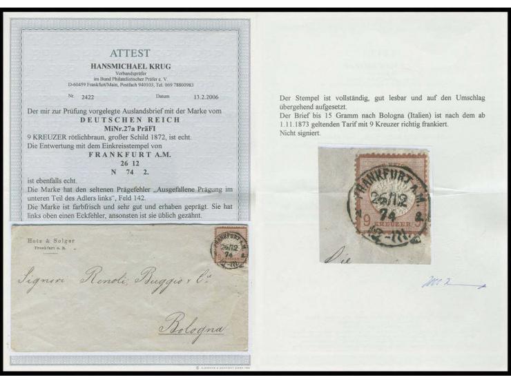 9 Kr. rötlichbraun mit seltenem Prägefehler "ausgefallene Prägung im unteren Teil des Adlers links", Feld 142, mit EKr. "FRAN