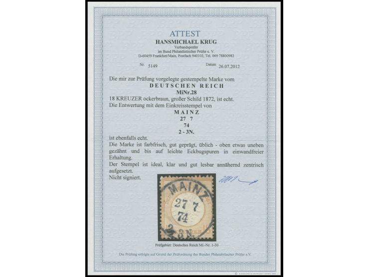 18 Kr. ockerbraun mit nahezu zentrischem EKr. "MAINZ 27.7.74", oben etwas uneben gezähnt und bis auf leichte Eckbugspuren in 