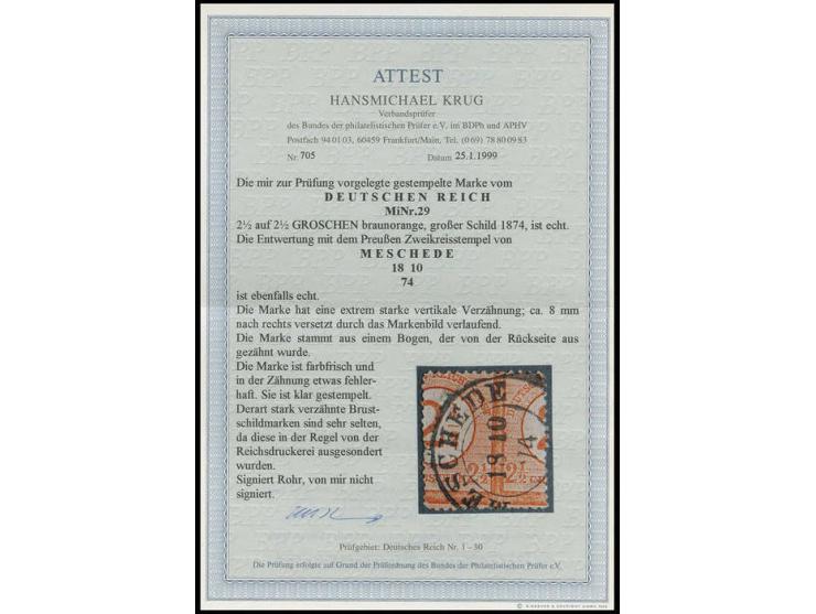 1874, 2½ auf 2½ Gr. braunorange mit Preußen-DKr. "MESCHEDE 18 10 74", die Marke hat eine extrem starke vertikale Verzähnung (