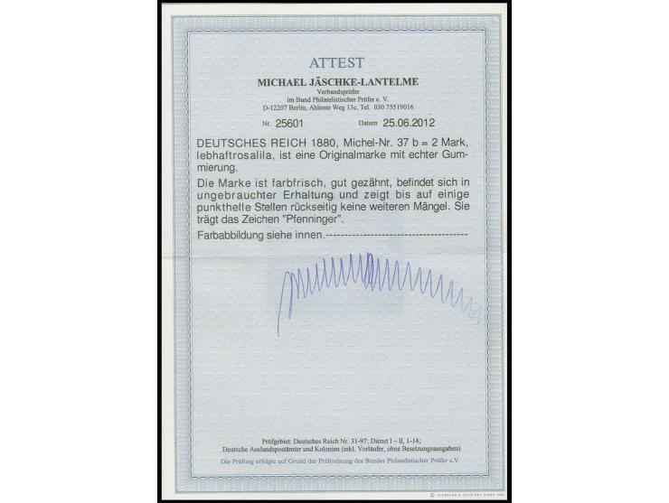 1875/1900, 2 M. lebhaftrosalila, farbfrisch und gut gezähnt, ungebraucht, bis auf einige punkthelle Stellen einwandfrei, sign