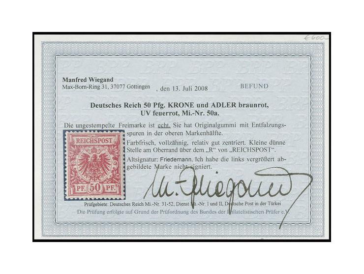 50 Pfg. braunrot (feuerrot), ungebraucht, kleine dünne Stelle, sonst einwandfrei, sign. Friedemann, Fotobefund Wiegand BPP (M