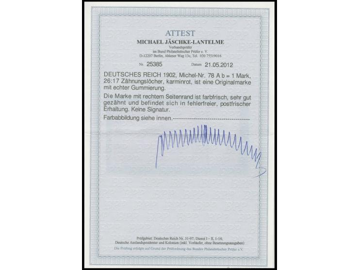 1 M. karminrot, rechtes Randstück, postfrisch, Kabinett, Fotoattest Jäschke-L. BPP (Mi. 1.900,-)