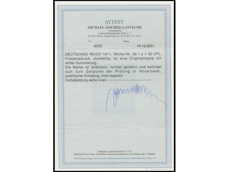 60 Pfg. dunkellila, postfrisch, tadellos, Fotoattest Jäschke-L. BPP (Mi. 900,-)