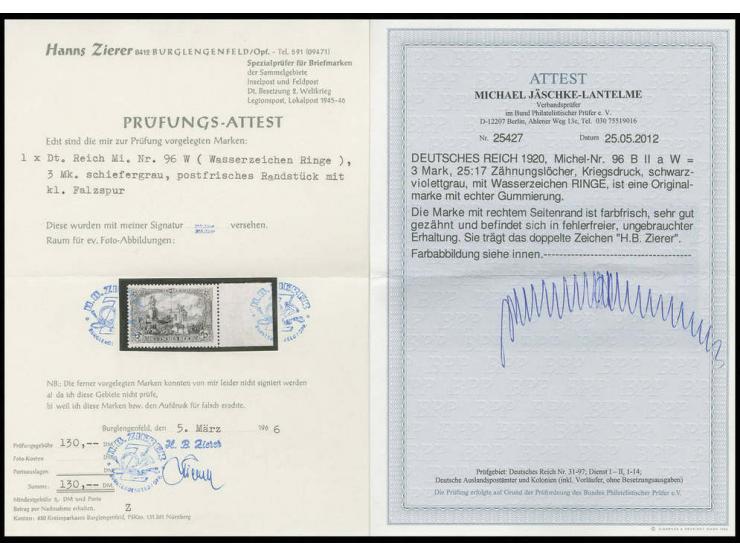 3 M. schwarzviolettgrau, Wasserzeichen Ringe, ungebraucht vom rechten Bogenrand, tadellos, sign. Zierer, Fotoattest Jäschke-L