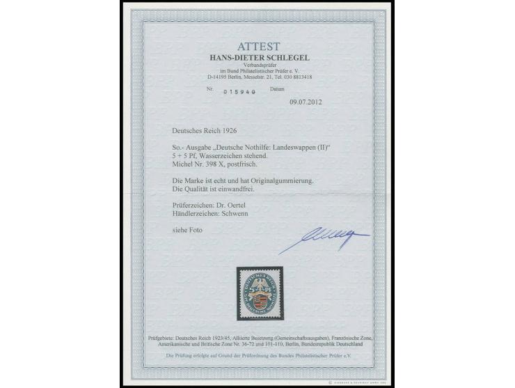 1926, Nothilfe mit stehendem Wasserzeichen: 5 Pfg., postfrisch, Kabinett, Fotoattest Schlegel BPP