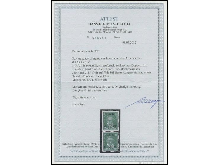 1927, IAA 8 Pfg. im senkrechten Paar, dabei die obere Marke mit Aufdruckfehler "ohne Bindestrich", postfrisch, Kabinett, selt
