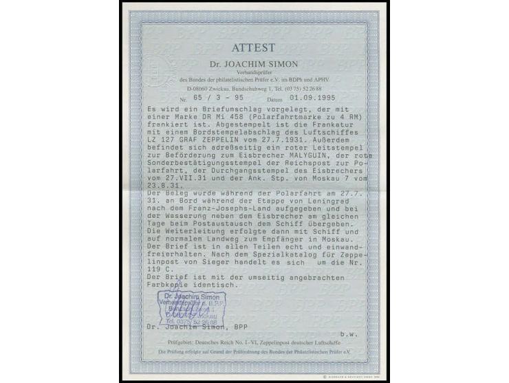 1931, Polarfahrt 4 M. auf Zeppelin-Vordruckumschlag und 2 M. auf Zeppelin-Karte der Polarfahrt, beide bis Malyguin, für 4 M. 