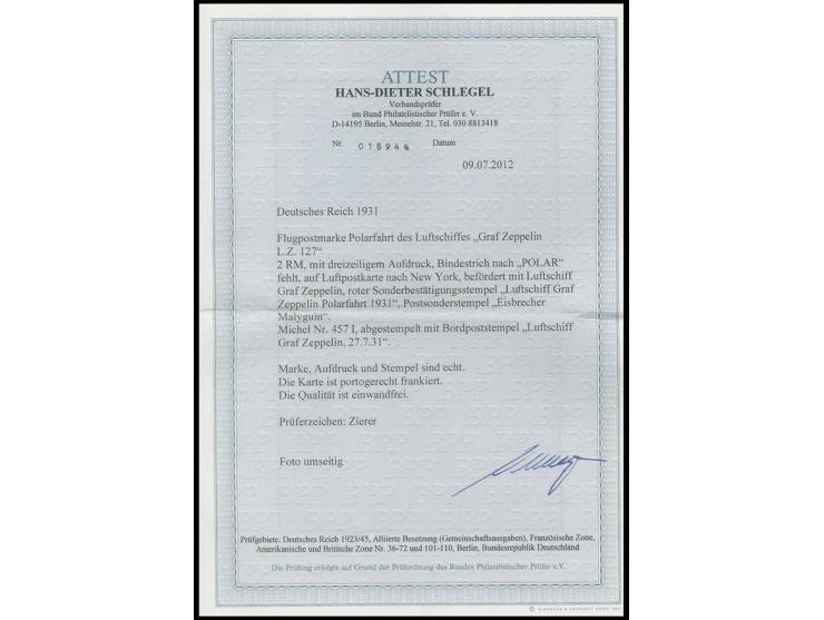 2 M., sauber mit Bordpoststempel auf Karte der Polarfahrt 1931 nach New York, Kabinett, selten, Fotoattest Schlegel BPP