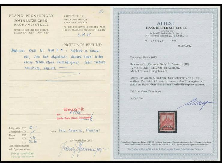 1932, Nothilfe-Provisorium 12 Pfg. mit dem seltenen Aufdruckfehler "Rdf", sauber ungebraucht; eine der seltensten Abarten des
