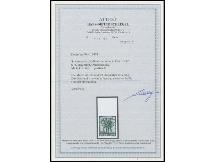 1938, Volksabstimmung in Österreich 6 Pfg., ungezähntes Oberrandstück, postfrisch, Oberrand etwas aufgerauht, Marke selbst ta