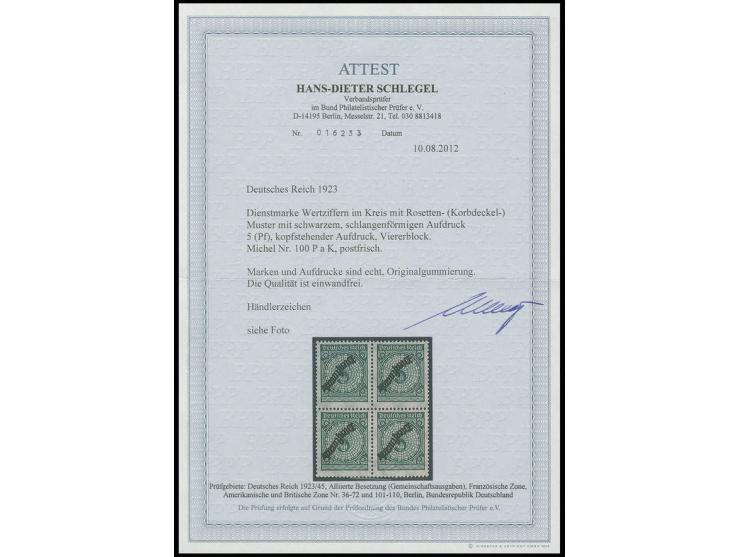 1923, Rentenmark 5 Pfg. mit kopfstehendem Aufdruck im 4er-Block, postfrisch, ein Wert sign. Schwenn, Fotoattest H.D. Schlegel