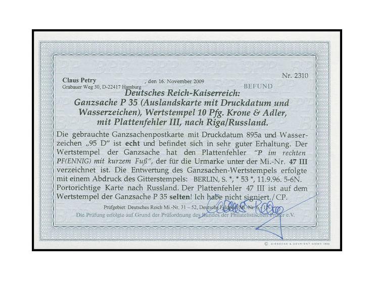 GANZSACHEN: 1894/95, Karte 10 Pfg. mit Plattenfehler "P im rechten PFENNIG mit kurzem Fuß" von "BERLIN 11.9.96" nach Riga, Pr