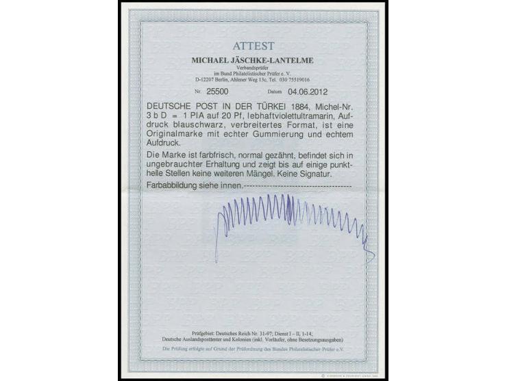 1884, 1 Pia., Aufdruck blauschwarz, verbreitertes Format, ungebraucht, bis auf einige punkthelle Stellen keine weiteren Mänge