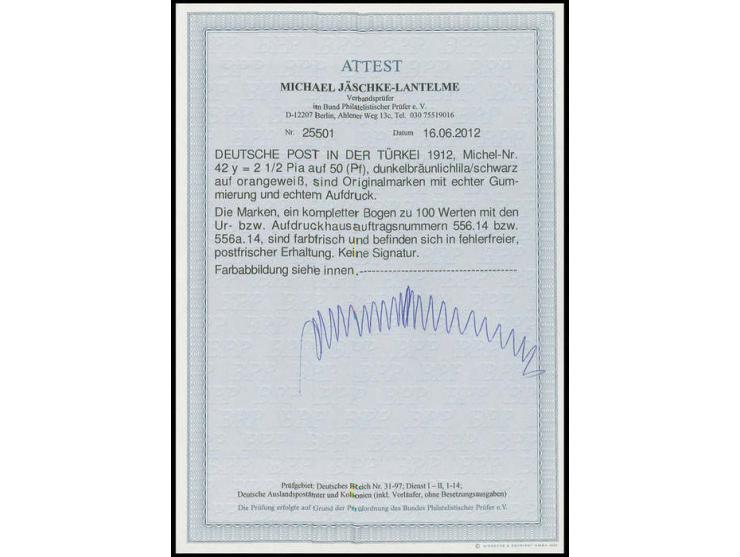 1905/13, mit Wz.: 10 Pa. -4 Pia., die Pfennig-Werte kpl. in Bogen zu 100 Marken, dabei 2½ Pia. auf dem seltenen orangeweißen 