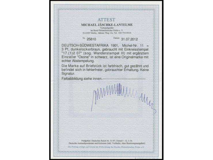 STEMPEL: "OSONA", schwarzer Wanderstempel vom 17.12.07 auf 3 Pfg. auf Briefstück, Kabinett, Fotoattest Jäschke-L. BPP