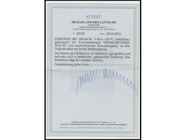 20 Pfg. blau mit leichtem EKr. "GROSS-BATANGA 22/8 93" (Monat kopfstehend) auf Briefstück, Pracht, Fotoattest Jäschke-L. BPP 