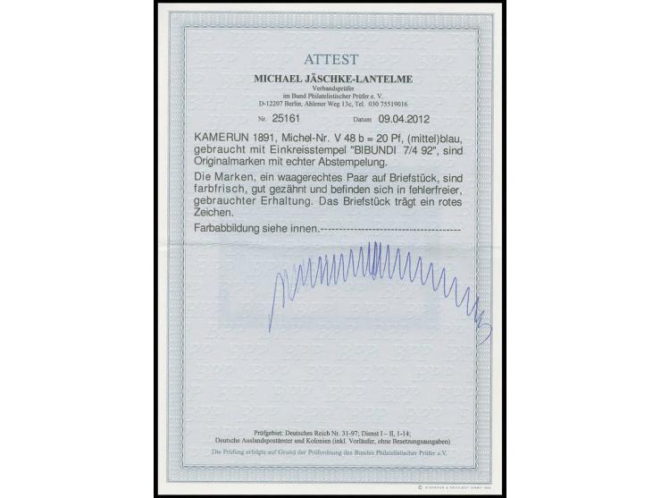20 Pfg. blau im waagerechten Paar mit EKr. "BIBUNDI 7/4 92" auf Briefstück, Pracht, Fotoattest Jäschke-L. BPP