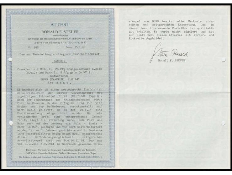 "BUAR KAMERUN 2.8.14", sehr klar auf Einschreibe-Brief mit 25 Pfg. und 5 Pfg.  sowie entsprechendem R-Zettel nach Deutschland