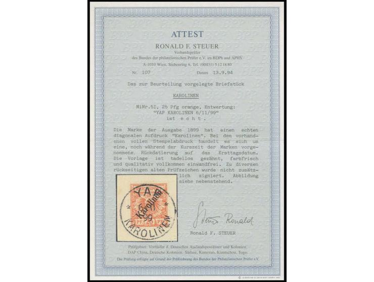 25 Pfg. mit zentrischem Stempel "YAP 6/11 99" auf Briefstück, Sorte II, sign. Thier, Fotoatteste Bothe BPP und R. Steuer BPP