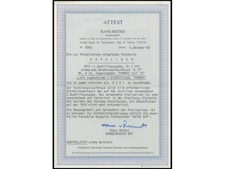 5 Pf auf 3 Pfg. mit Stempel "PONAPE 12/7 10" und nebengesetztem Dienstsiegel auf Ansichtskarte nach Eisenach, außerhalb der F
