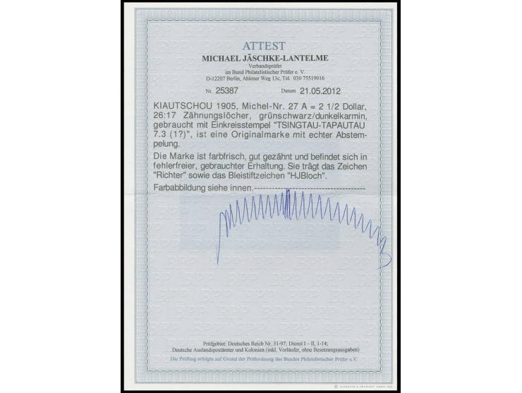 1905, ohne Wasserzeichen: 2½ $, gezähnt 26:17 mit sauberen Stempeln "TSINGTAU-TAPAUTAU 7.3 ..."; ein sehr schönes Stück diese