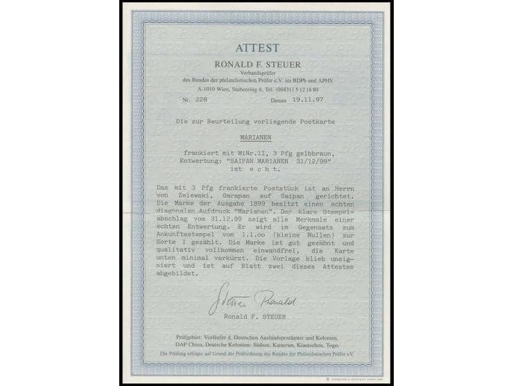 3 Pfg., farbfrisch und gut gezähnt mit zentrischem Stempel "SAIPAN 31/12 99" auf unten leicht verkürzter Ansichtskarte nach G