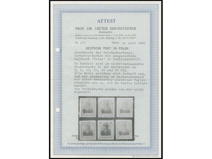 1915, Probedrucke mit Aufdruck "Polen": 3, 5, 10, 20, 30 und 60 Pfg., ungebraucht mit rückseitig 3seitig gezähntem Papierstre