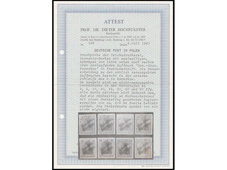 1916, Probeaufdruck "Gen.-Gouv. Warschau" als Schrägaufdruck auf 8 verschiedenen Werten ex 3-60 Pfg., ungebraucht, sehr selte