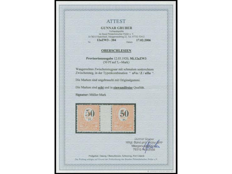 50 Pf. auf 5 M., waagerechtes Zwischenstegpaar in den Typen aVa/Z/aIIa, ungebraucht, Pracht, sign. Müller-Mark, Fotoattest Gr