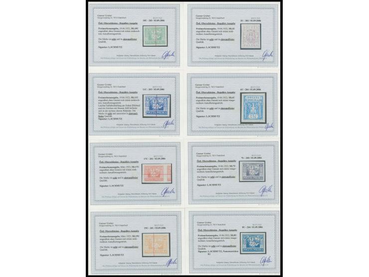 ÖSTLICHES OBERSCHLESIEN: REGULÄRE AUSGABE: 1922, 10 und 75 F. sowie 1-1,25, 4, 80, und 200-300 M. ungezähnt mit rotem Annulie