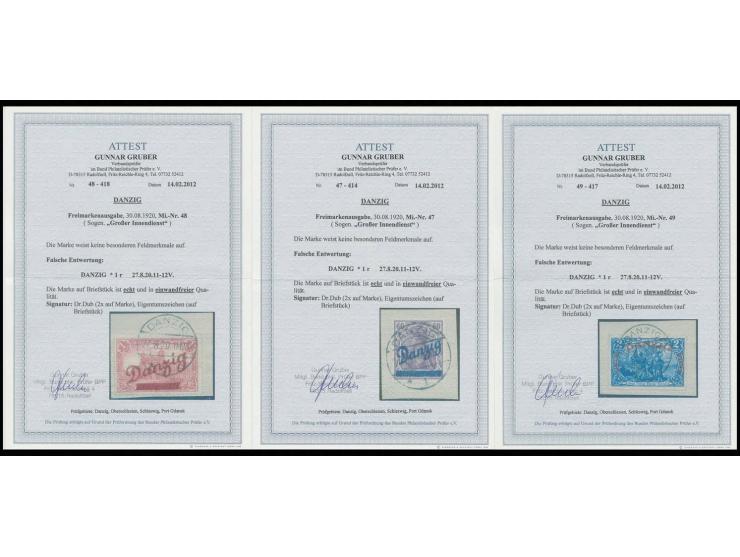 Großer Innendienst 60 Pfg.-2 M. kpl., je mit falschem Stempel "DANZIG * 1 r 27.8.20" auf Briefstück, Kabinett, Fotoattest Gru