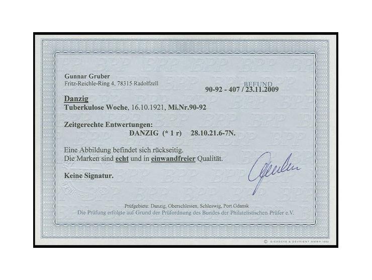 1921, Tuberkulose-Woche 30 Pfg.-1,20 M., je sauber gestempelt "DANZIG 28.10.21", Kabinett, Befund Gruber BPP