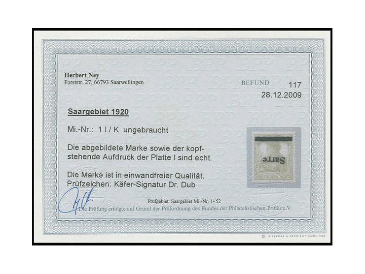 Aufdruck Type I: 2 Pfg. mit kopfstehendem Aufdruck, ungebraucht, Pracht, mehrfach sign. und Fotobefund Ney BPP (Mi. 400,-)