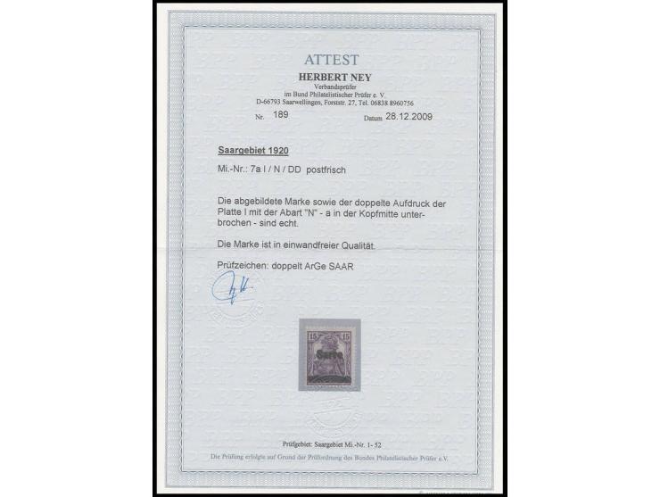 1920, "Sarre" auf Germania: 15 Pfg. grauviolett mit doppeltem Aufdruck der Abart "N", postfrisch, Pracht, sign. ArGe Saar und