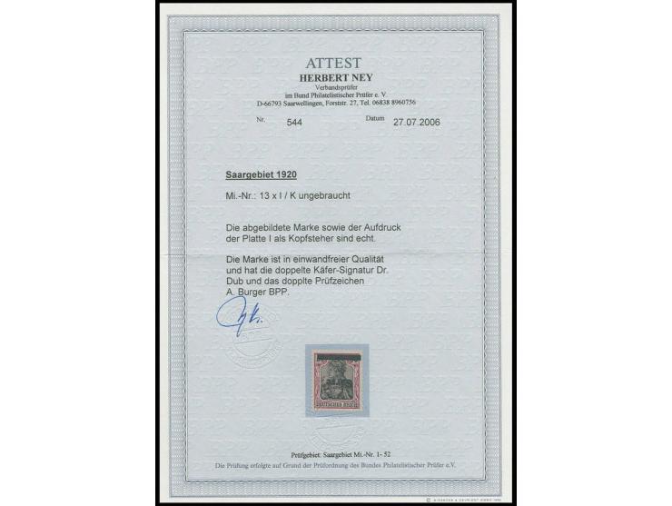 50 Pfg. mit kopstehendem Aufdruck, ungebraucht, Kabinett, sign. Dub, Burger BPP und Fotoattest H.Ney BPP (Mi. 500,-)