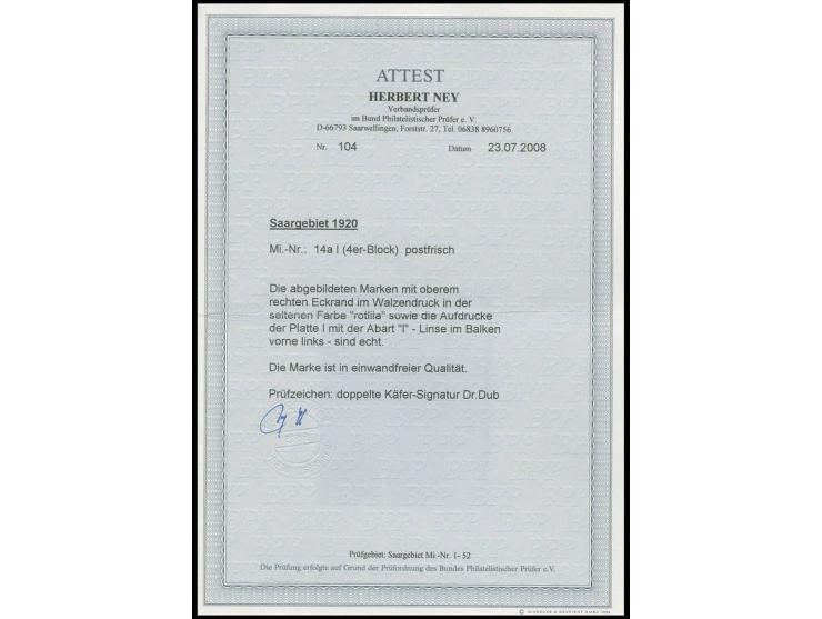 60 Pfg. rotlila im Viererblock aus der rechten oberen Bogenecke, dabei Aufdruckabart I, postfrisch , sign. Dr. Dub und Fotoat