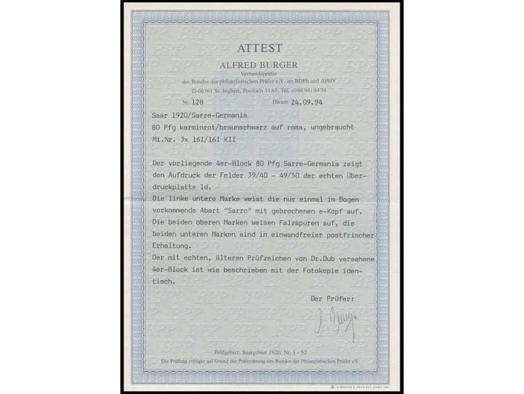 80 Pfg. im Viererblock mit Aufdruckfehler K II unten links, untere beiden Marken postfrisch, obere beide ungebraucht, signier