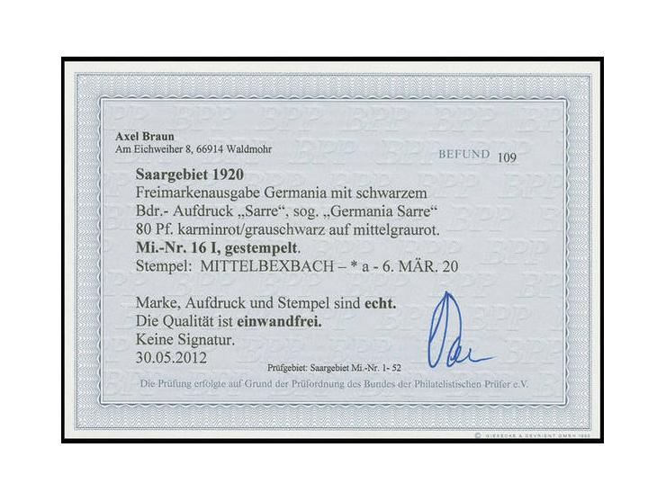 80 Pfg. mit leichtem Stempel von Mittelbexbach, Pracht, Fotobefund Braun BPP (Mi. 340,-)
