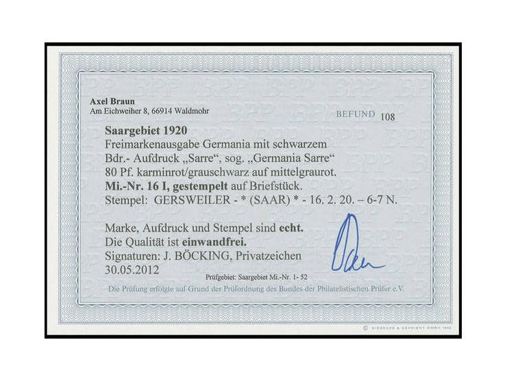 80 Pfg. mit Stempel "GERSWEILER 16.2.20" auf Briefstück, Pracht, sign. Böcking und Fotobefund Braun BPP